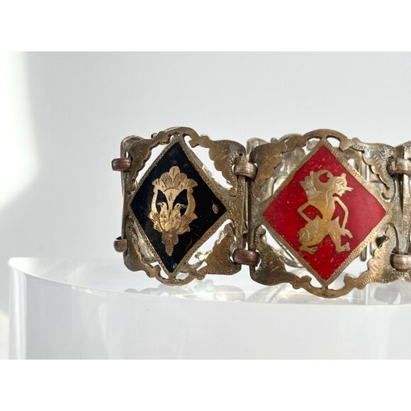 Silver Toned Multicolored Paneled Family Crest Sterling Silver Vintage Bracelet - Picture 4 of 10